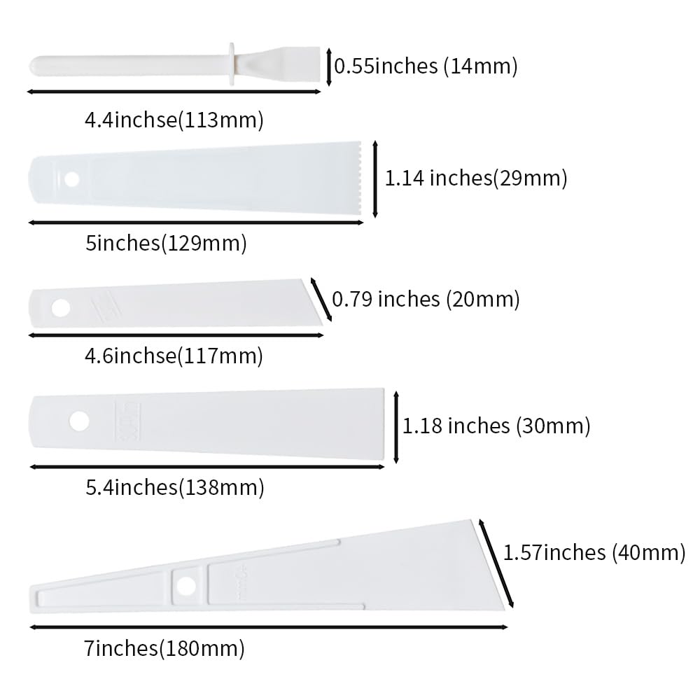5Pcs White Plastic Glue Spreader Smear Plate Scraper Sticks Brushes Durable Flexible Easy to Clean Glue Applicator Spatula Kit Gap Filling Tool for Woodworking Leather Adhesive Projects,5Size