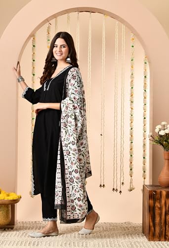 Image of Amazon Brand - Tavasya Women Cotton Anarkali Kurta Pant Dupatta Set | Printed Ethnic Suit Set | Flared Anarkali Kurta with Pant & Dupatta | Festive & Casual Wear