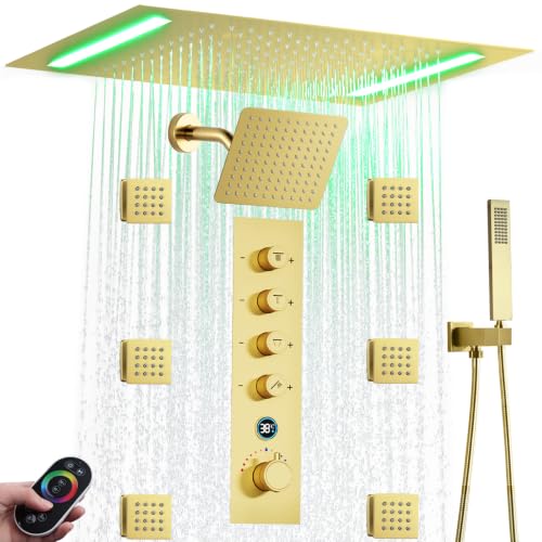 Smart Rain LED Ceiling Shower Head With Handheld Spray, Thermostatic Rainfall Shower System Fixtures Set And Body Jets For Double Bath (20X14 Inch Shower Brushed Gold)