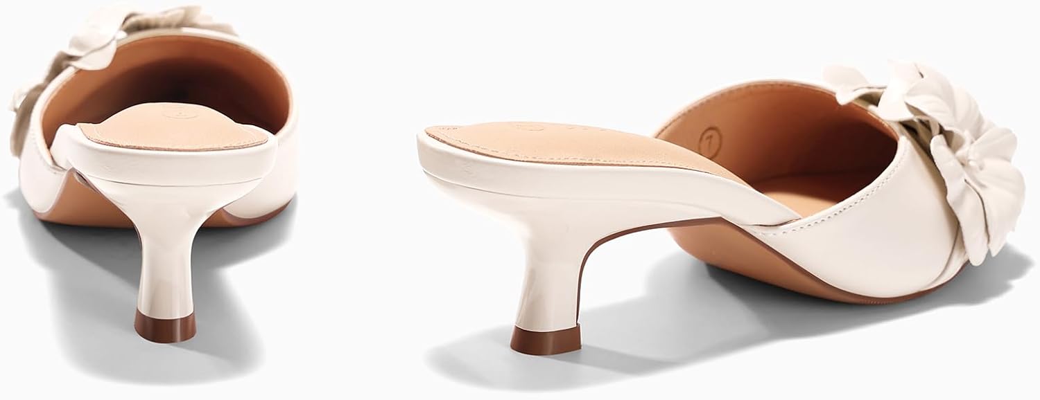 Coutgo Womens Mules Kitten Heels Closed Pointed Toe Pumps Flower Slip On Party Dress Shoes - Image 6