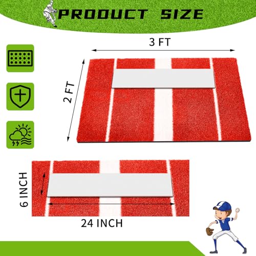 Meooeck 3\' x 2\' Softball/Baseball Pitching Mat Antifade Turf Pitching Mat with Rubber Non Slip Pitchers Mound Instructional Portable Training Equipment for Indoor Outdoor(Red)
