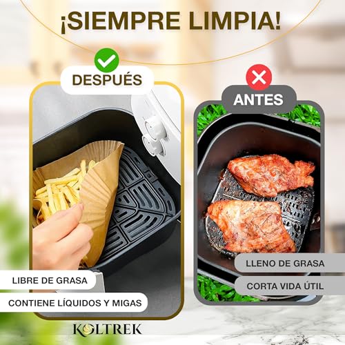 Miniatura 4 de Koltrek - 300 Piezas Papel Freidora Aire, 20-24 Cm, 4,5-8 Litros, Papel Air Fryer Cuadrado, Sin Bpa, Extra Grueso, Vegetal Desechable