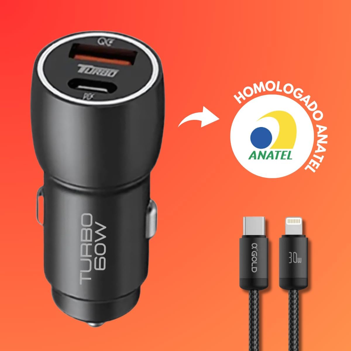 Carregador Veicular Turbo Para Automóvel 60W Duas Portas | Carregamento Ultra Rápido USB 3.0 | 9,1A Entrada USB e Tipo C | + Cabo Tipo C -Lightining| Produto Premium