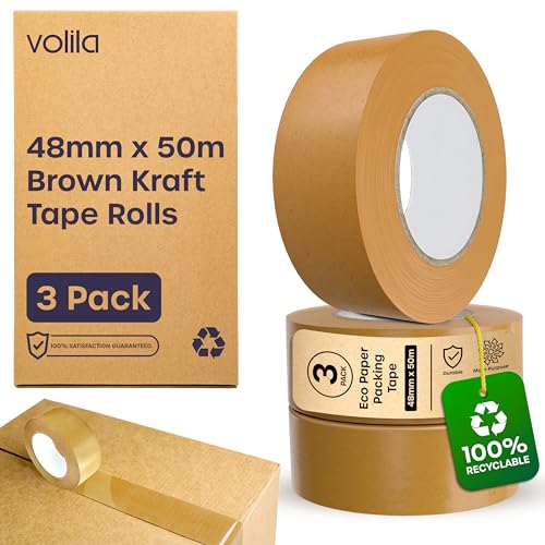 volila - Volila Paper Tape Rolls - 3 Pack Brown Kraft - Heavy Duty Moving & Packaging Tape - Recyclable (48mm x 50m)