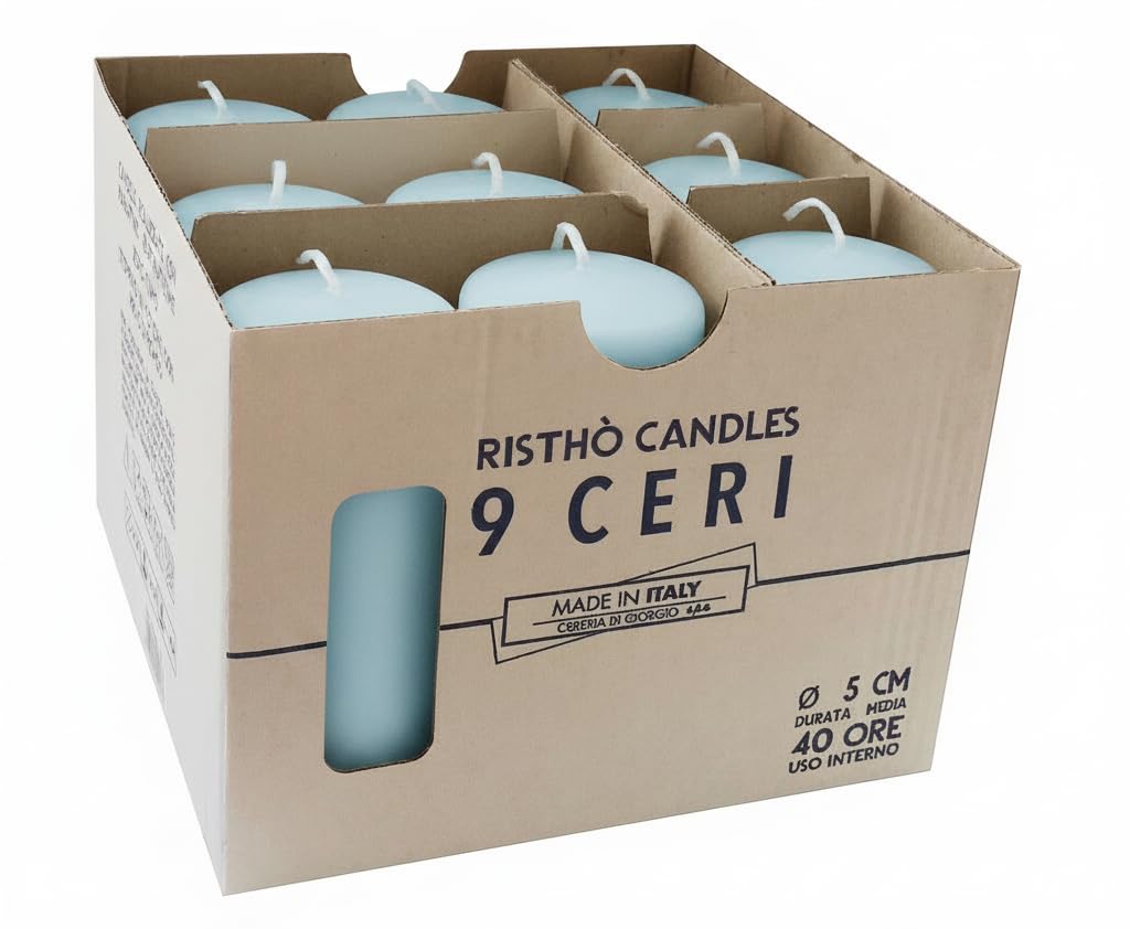 Cereria Di Giorgio - 9 Candele Cero - Diametro 5 cm Altezza 12 cm - Colore Celeste - Durata 40 ore - Non profumate