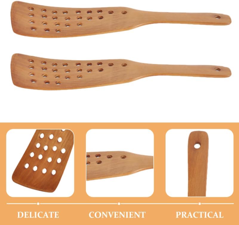 Miniatura 5 de Juego de 2 espátulas Wok de madera, utensilios de cocina de diseño de 24 agujeros para cocinar antiadherentes, girador de madera ecológico para