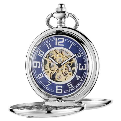 Image of Men's Mechanical Pocket Watch Black Rudder Pattern Double Open Hollow Roman Numerals Pocket Watch