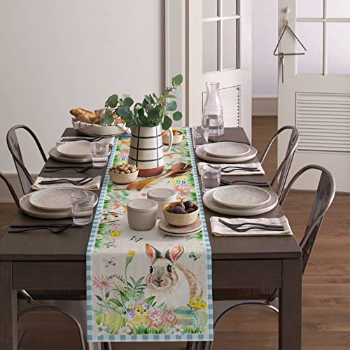 Easter Eggs Rabbit Table Runners 90 Inches Long, Spring Butterfly Flower Blue Plaid Table Runner Farmhouse Dresser Scarves,Decortaive Table Runner Cover For Dining Coffee Table Holiday Party Wedding #TOP3