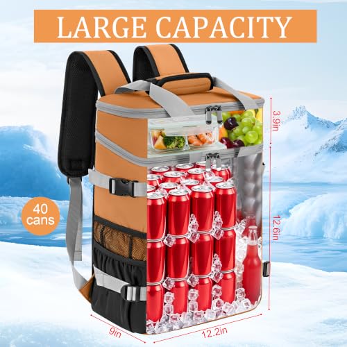 Image of Cooler Backpack Insulated Cooler Bag for Men & Women | 40 Cans Insulated Picnic Backpack with 2 Leak Proof Compartments for Picnic, BBQ Camping, Beach, Hiking, Orange