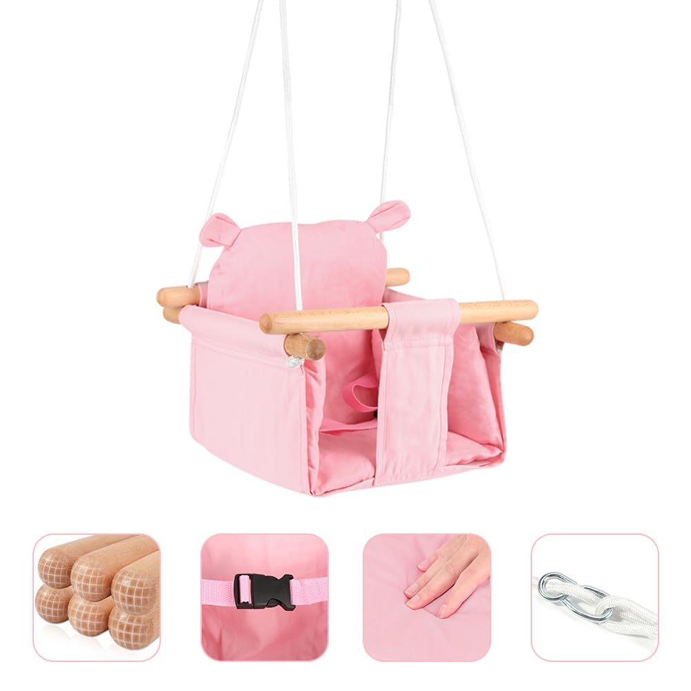Altalena per bambini in tela con sacchetto per orso, 29 x 29 x 31 cm, altalena in legno ecologico traspirante con cintura di sicurezza, carico massimo 25 kg regolabile per interni ed esterni, rosa