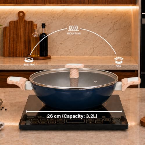 Image of Kreme Ceracook Ceramic Coated Granite Kadai 3.2L /26cm with Glass Lid, Deep Kadhai, ISI Certified, Forged Aluminium, Gas & Induction Use, Non Toxic PFAS & PTFE Free, 1 Yr Warranty, Ocean Deep Blue