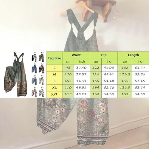 Dungarees for Women UK, Womens Overalls Casual Print Loose Backless Dungarees Womens Jumpsuits Ladies Wide Leg Jumpsuit Summer Baggy Oversized Playsuit Adjustable Straps Rompers with Pockets Green - Image 3