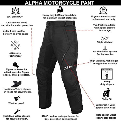 All Season Motorcycle Pants Men Motocross Offroad Overpants Touring Adventure Dual Enduro Waterproof Ce Armor (Black, Waist 40"-42" Inseam 32") #TOP1