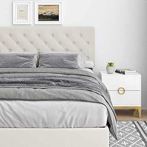 Hombck King Size Bed Frame With Button Tufted Headboard, Modern Upholstered Bed Frame King With Sturdy Wood Slat Support, Mattress Foundation, No Box Spring Needed, Beige #TOP4