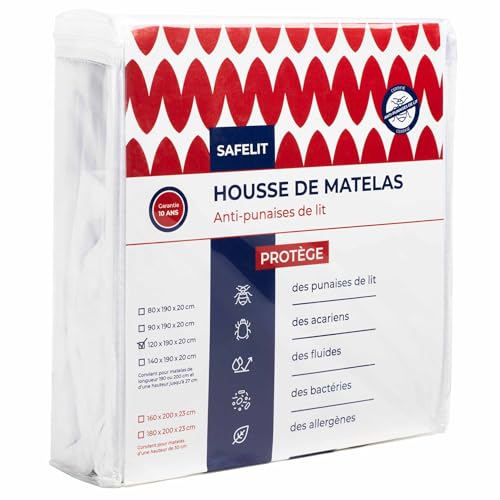 Housse de Matelas Anti punaises de lit SAFELIT - Anti ancariens - imperméable - Fermeture éclair sécurisée - Entreprise Française (90x190/200 épaisseur 18 à 27cm)