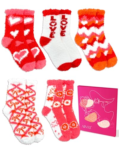 AIVEI Valentines Day Gifts for Her Buttery Soft Fuzzy Socks for Women Girls, Galentines Day Gifts Cozy Warm Winter Fluffy Plush Sleeping Socks 5 Pairs
