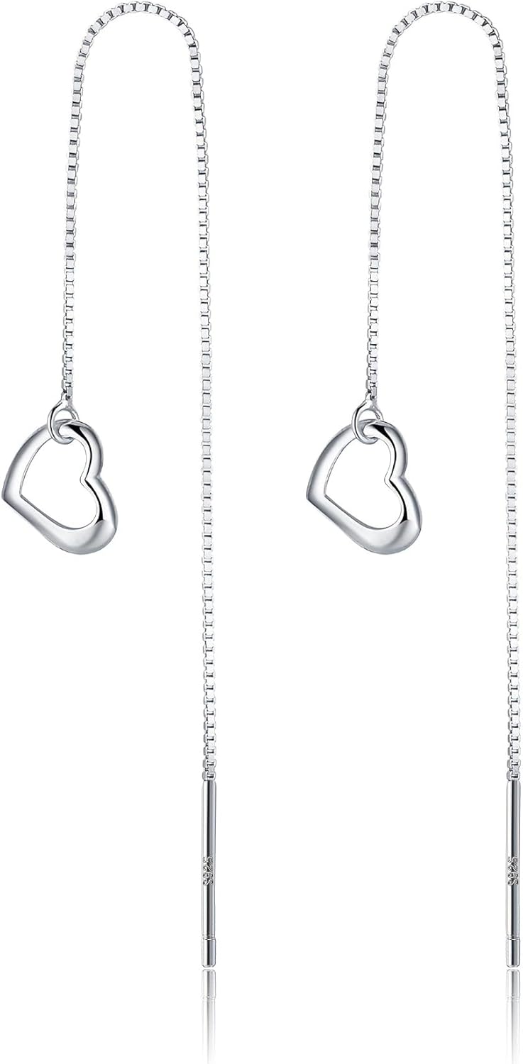 Reffeer Solid 925 Sterling Silver Love Heart Chain Dangle Earrings Drops for Women Teen Girls Heart Tassel Dangle Earrings Threader