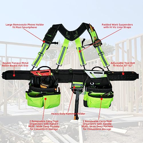 Image of MELOTOUGH Reflective Safety Tool Belt with Suspenders Tool Bag Supenders Framers Comb Apron Construction Tool Pouch Builder Heavy Duty Carpenter Suspension Rig for Electrician, Roofing