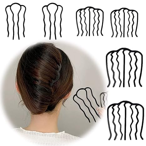 Dazzliq Black Hair Fork Bun Clips With U-Shaped Pins Side Comb & Stick Easy For Women Accessories Buns,Perfect Clip Updo Double Folk Clamp Teeth Pin Stick-6Pcs
