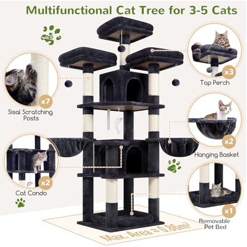 Image of Globlazer Big XL Cat Tower for Indoor Multiple Cats, F68B, Dark Grey | 68 inch Cat Tower for Adult Cats Cat Tree with Scratching Post, 3 Perches, 2 Condos, 2 Basket, Removable Pet Bed
