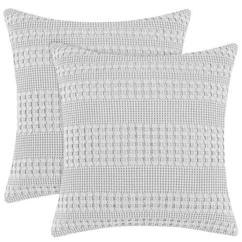 PHF 100% Cotton Waffle Weave Euro Sham Covers, 2 Pack 26" x 26" Bed Pillow Covers for Elegant Home Decor, No Filling, Luxury Aesthetic Soft Euro Pillow Cases for Bed, Light Grey