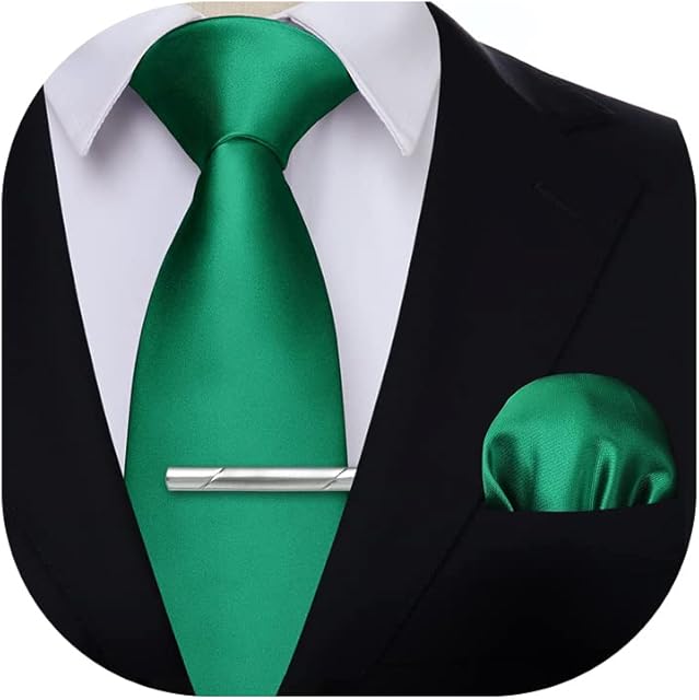HISDERN Solid Color Tie and Pocket Square with Tie Clips Men's Wedding Party Necktie Handkerchief Set