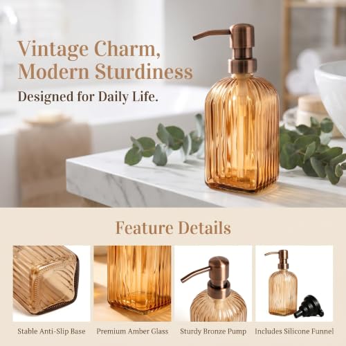 WMAWJBT 13.5 oz Amber Glass Soap Dispenser with Bronze 304 Stainless Steel Pump, Rust-Proof Brown Hand and Dish Soap Dispenser for Kitchen & Bathroom, Includes Black Silicone Funnel (Square) by WMAWJBT - Used condition - Image 4