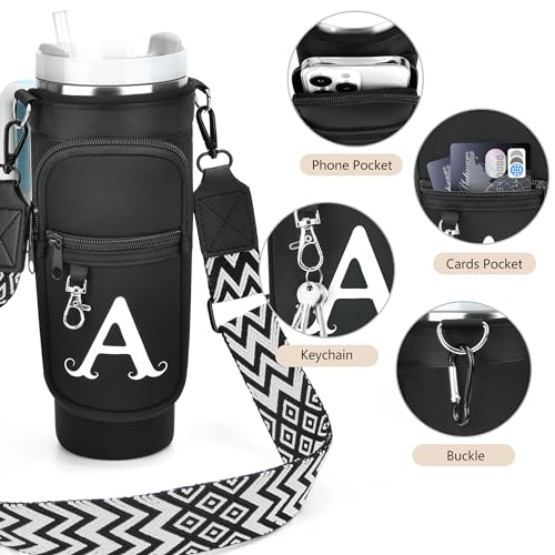 Initial Water Bottle Holder with Strap for Stanley 40 oz Tumbler, for Simple Modern 40 oz Tumbler, Graduation Gift with Phone Pocket, Carabiner, Personalized Gift for Stanley Cup Accessories Black S