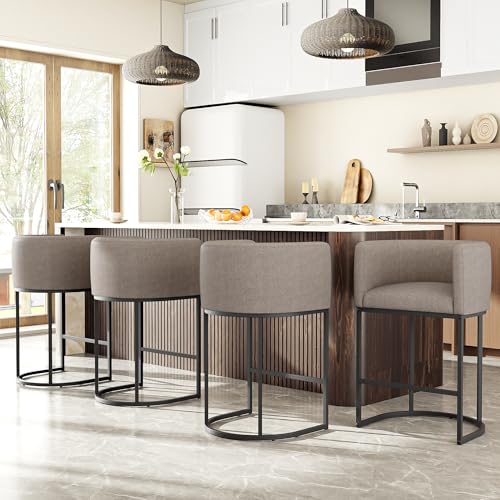 Image of 26 inch H Counter Height Bar Stools Set of 4, Modern Barrel Counter Stools with Backrest and Arms, Linen Fabric Upholstered Accent Barstools for Kitchen Island,Support 450 LBS (Sand)