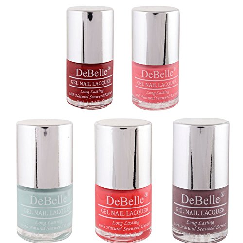 DeBelle Gel Nail Polish Combo Pack of 5, Maroon(Moulin Rouge), Baby Pink(BeBe Kiss), Mint Blue(Mint Amour), Coral Orange(Princess Belle) and Mauve(Majestique Mauve), 40 ml(8 ml Each)