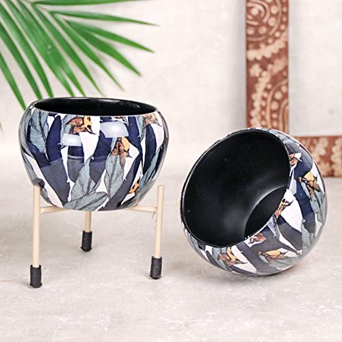Image of FlowerAura Decorative Set of 2 Red Printed Metallic Pot Vase with Stand for Table Corner, Living Room, Bedroom, Balcony, Office /Home Decoration | Without Plant | (15x10CM)