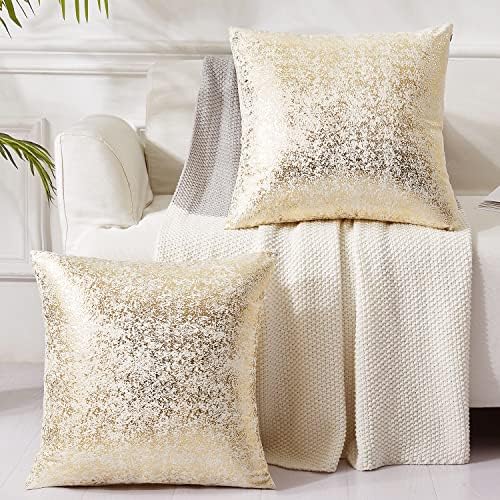 EUCIOR Champagne Throw Pillows 18x18,Gold and White Pillow Covers,Set of 2,Glitter Decorative Velvet Pillow Covers,Solid Color Cushion Covers for Sofa Bedroom Car