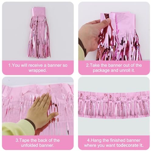 Image of BEISHIDA 3 Packs Metallic Foil Fringe Garland Pink Wall Hanging Tinsel Fringe Banners for Car Floats Birthday Baby Bridal Shower Wedding Graduation Holiday Party Decoration(30 Feet)