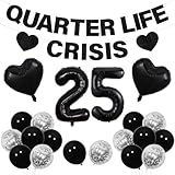 Balterever 25th Birthday Decorations for Women Men Quarter Life Crisis Banner Black 25 Foil Balloons Quarter Life Crisis Birthday Decorations 25th Birthday Party Supplies