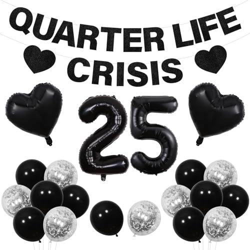Balterever 25th Birthday Decorations for Women Men Quarter Life Crisis Banner Black 25 Foil Balloons Quarter Life Crisis Birthday Decorations 25th Birthday Party Supplies