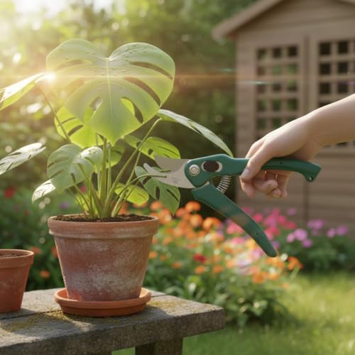Image of Garden Pruning Shears, Stainless Steel Blades, Green Handle, Spring Loaded with Safety Lock and Wrist Strap