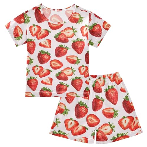 Red Strawberry Patterns Summer Cute Pajama Sets, Short Sets for Daily Wears and Sleep Wears