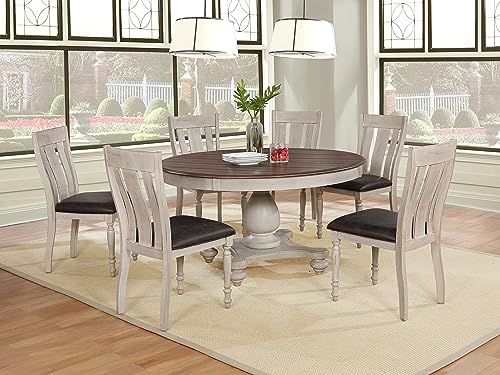 Roundhill Furniture Arch Solid Wood Dining Set: Round Table, Six Chairs, Distressed White and Dark Oak