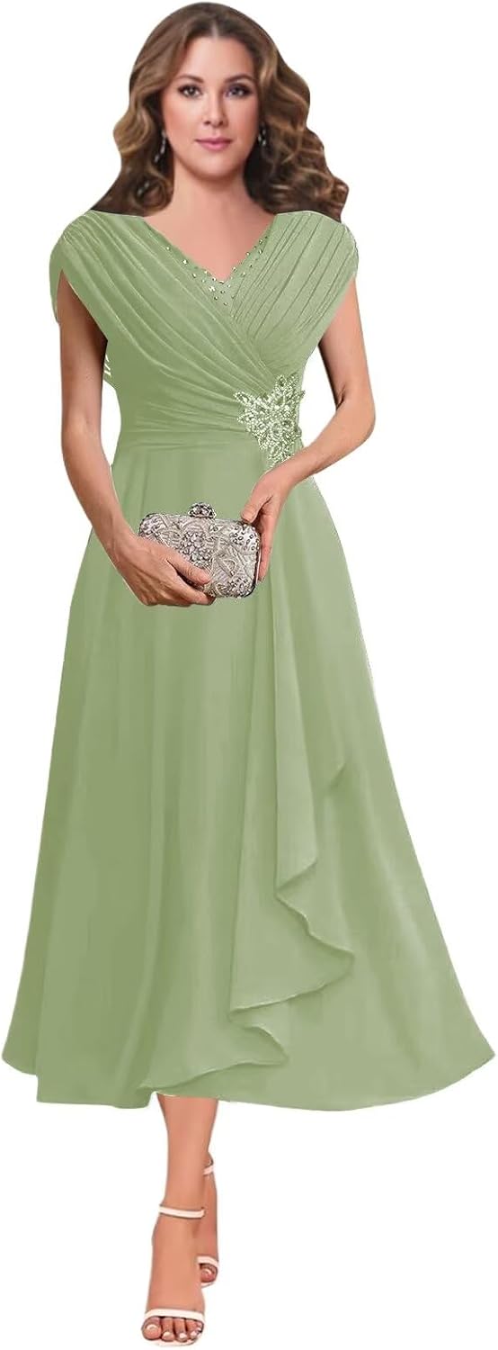 Women's V Neck Beading Mother of The Bride Dresses for Wedding Lace Appliques Tea Length Pleated Formal Evening Gown