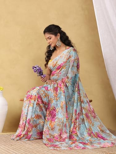 Image of Garden Vareli Summer Roganza Viscose Brasso Floral Print Saree with Unstitched Blouse Piece