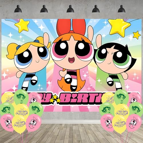 Power Girls Birthday Party Decoration Power Girls Party Photo Background 5 x 3 FT and 18 Pcs Balloon Merch Party Backdrop Supplies
