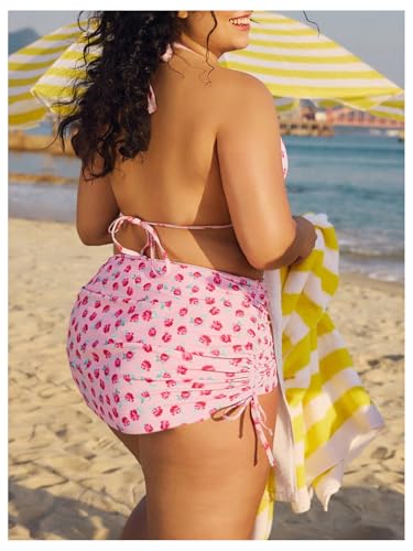 MakeMeChic Women's Plus Size 3 Piece Floral Triangle Halter Frill Trim Bikini Set with Cover Up Skirt3