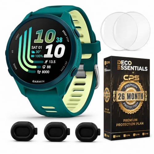 Garmin Forerunner 170 Music, 1.2" AMOLED GPS Running Watch, On-Watch Music, 10-Day Battery, Teal Green/Citron, 010-03920-12 w/Deco Essentials 26-Month CPS, Screen Protector & 3-Pack Dust Cover
