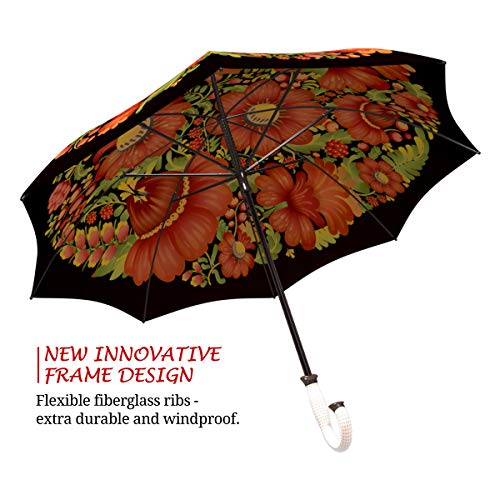 Extra Large Umbrella Windproof - Stick Designer Umbrella For Women - Colorful Red Umbrella With Hook Handle - Floral Umbrella Folk Art - Beautiful Fashion Umbrella Durable For Wind By Lb #TOP1