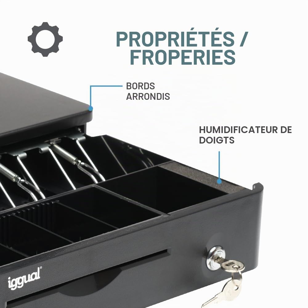 Iggual -Tiroir-Caisse IRON-10R - Caisse Enregistreuse Manuelle ou Automatique pour 4 Billets et 5 Pièces -Serrure à 3 Positions -Matériau Acier + Plastique - Usage Professionnel - Noir (38 x 33,5x9)