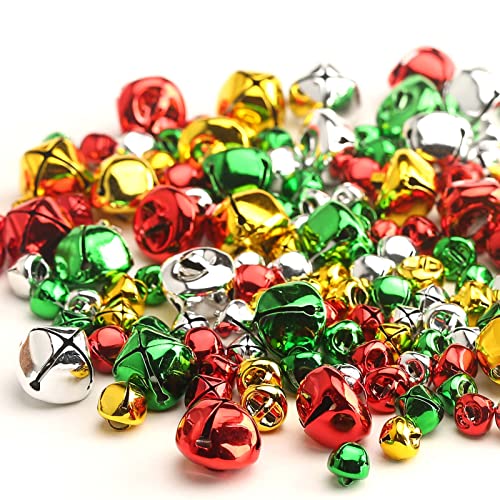 YIEUR 150pcs Glöckchen in bunt weihnachtsbaumschmuck Glöckchen grün rot Silber und Gold für Weihnachtsdekoration DIY Handwerk Haustier Schmuckherstellung (bunt Mix) Cover