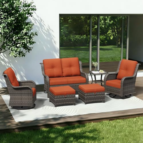 Image of 6 Piece Outdoor Wicker Patio Furniture Set, Outdoor Swivel Rocker Patio Chairs Set with Thickened Olefin Cushions, High Back and Deep Seating, Hand-Woven PE Rattan for Porch, Deck
