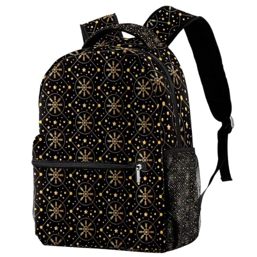 Sac à dos d'école flocon de neige doré imprimé sur fond noir élégant