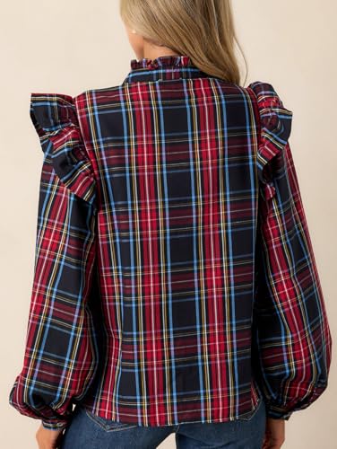 Plaid Shirts for Women Ruffle Button Down Shirts Puff Long Sleeves Blouses Collared Casual Tops2