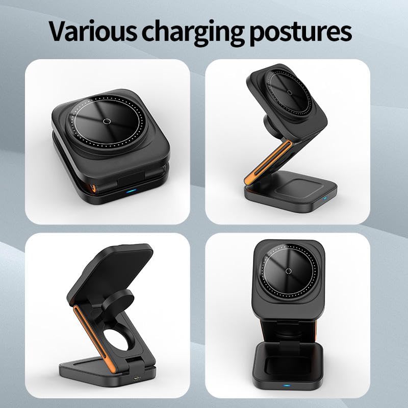 15W Magnetic Charger 3in1 Wireless Charger Compatible for iPhone 17/17 Air/17 Pro/17 Pro Max, 16/16 Plus/16 Pro/16 Pro Max, 15/14/13/12 Series and Smart Watch Fast Charging Adaptor - Black